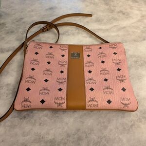 MCM Visetos Soft Pink and Black Logo Medium Crossbody Bag Luxury Classic Monogra